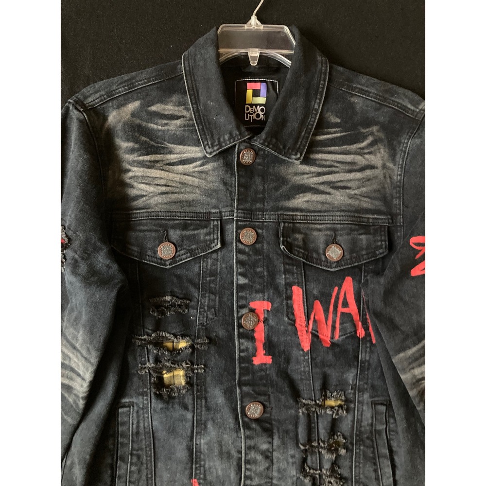 DEMOLITION Men's Distressed Black Denim Jacket Red Graphic Ripped Punk Size M‎